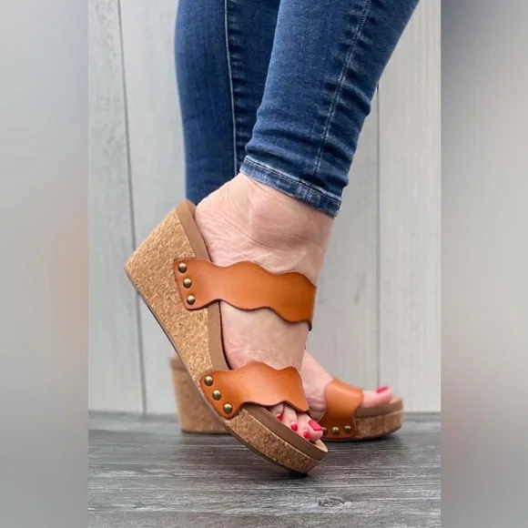 Corkys Footwear Obviously cognac brown Scalloped Double Strap Wedges - Picture 3 of 7